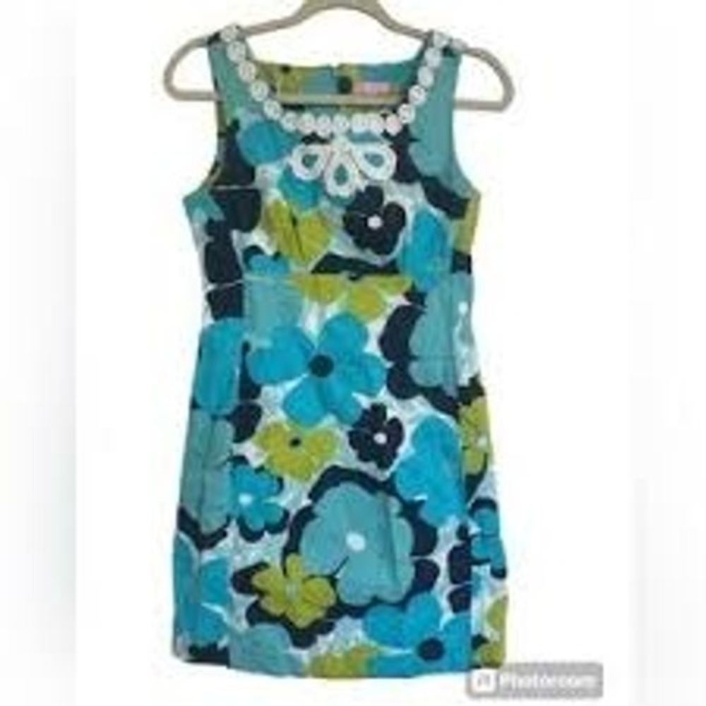 Lilly Pulitzer Dress Women 6 Blue Floral 92862W Seersucker Lace Shift Preppy - Picture 2 of 9